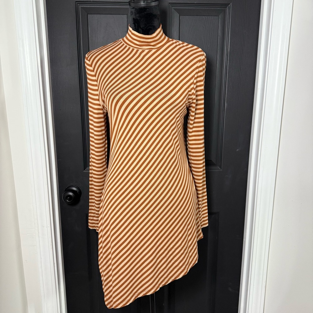 Chico's Long Sleeve Diagonal Striped Dress in Brown and White
